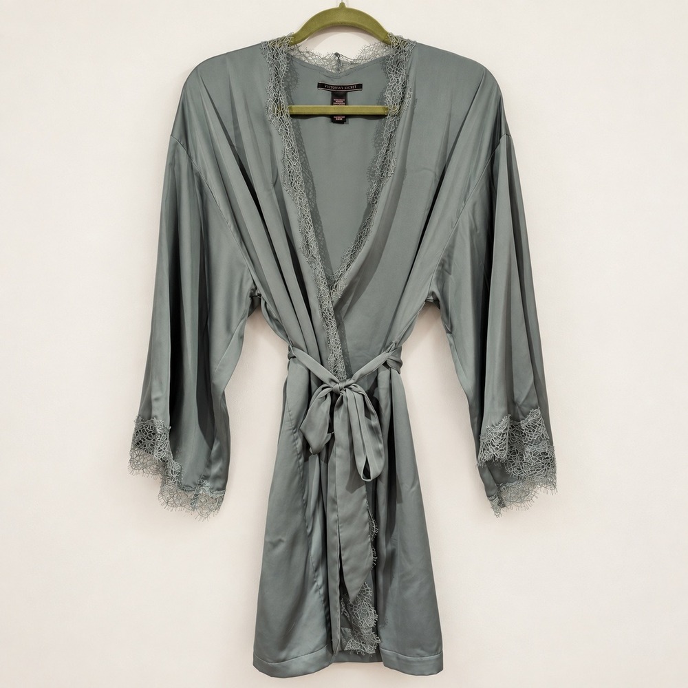 Victoria's Secret Robe XS/S Sage Green Satin Lace Trim Kimono Loungewear Sleep